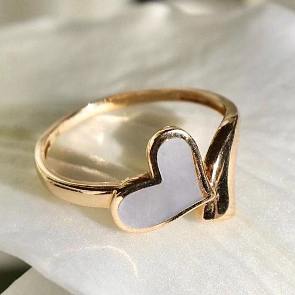 14K Solid Gold Heart Ring | Dainty White Gold Love Band By Tehrani Jewelry